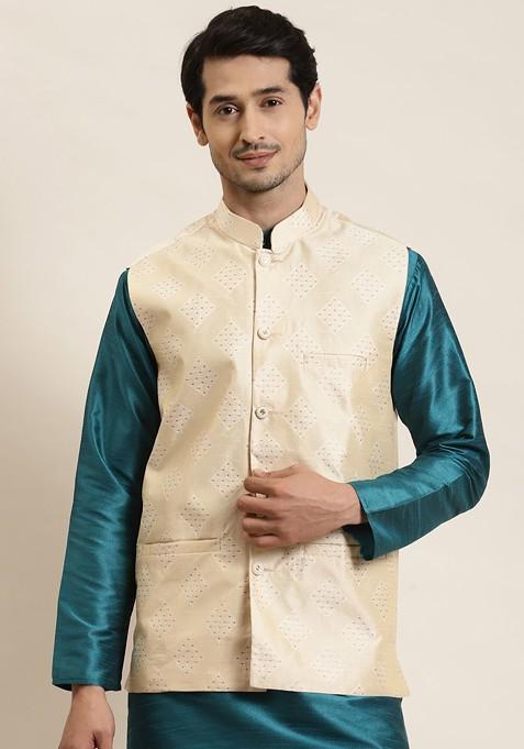 Cream Woven Poly Blend Nehru Jackets For Men — view on Indya