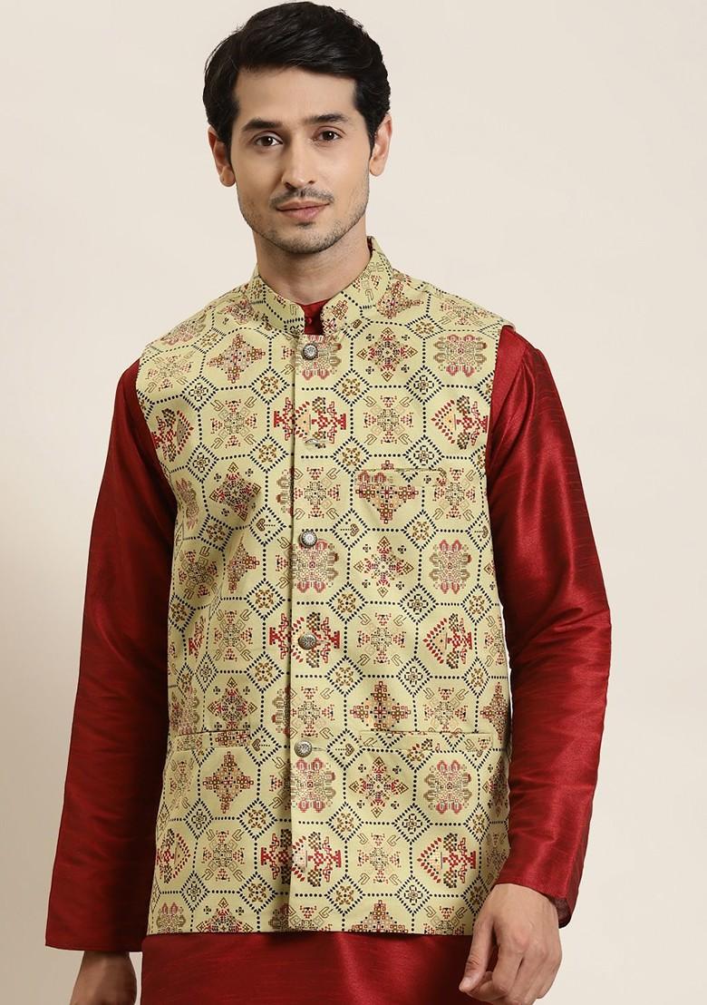 Olive Ethnic Motifs Poly Blend Nehru Jackets For Men