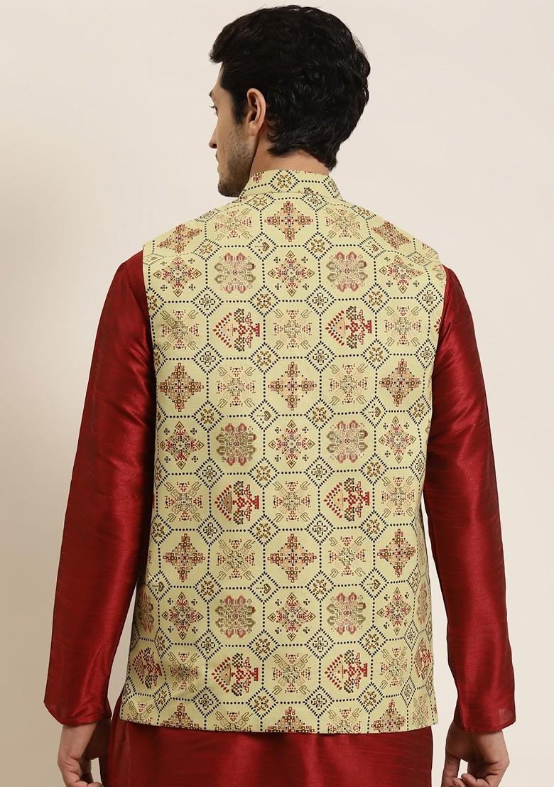 Olive Ethnic Motifs Poly Blend Nehru Jackets For Men