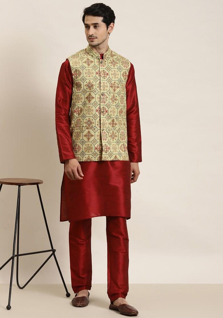 Olive Ethnic Motifs Poly Blend Nehru Jackets For Men