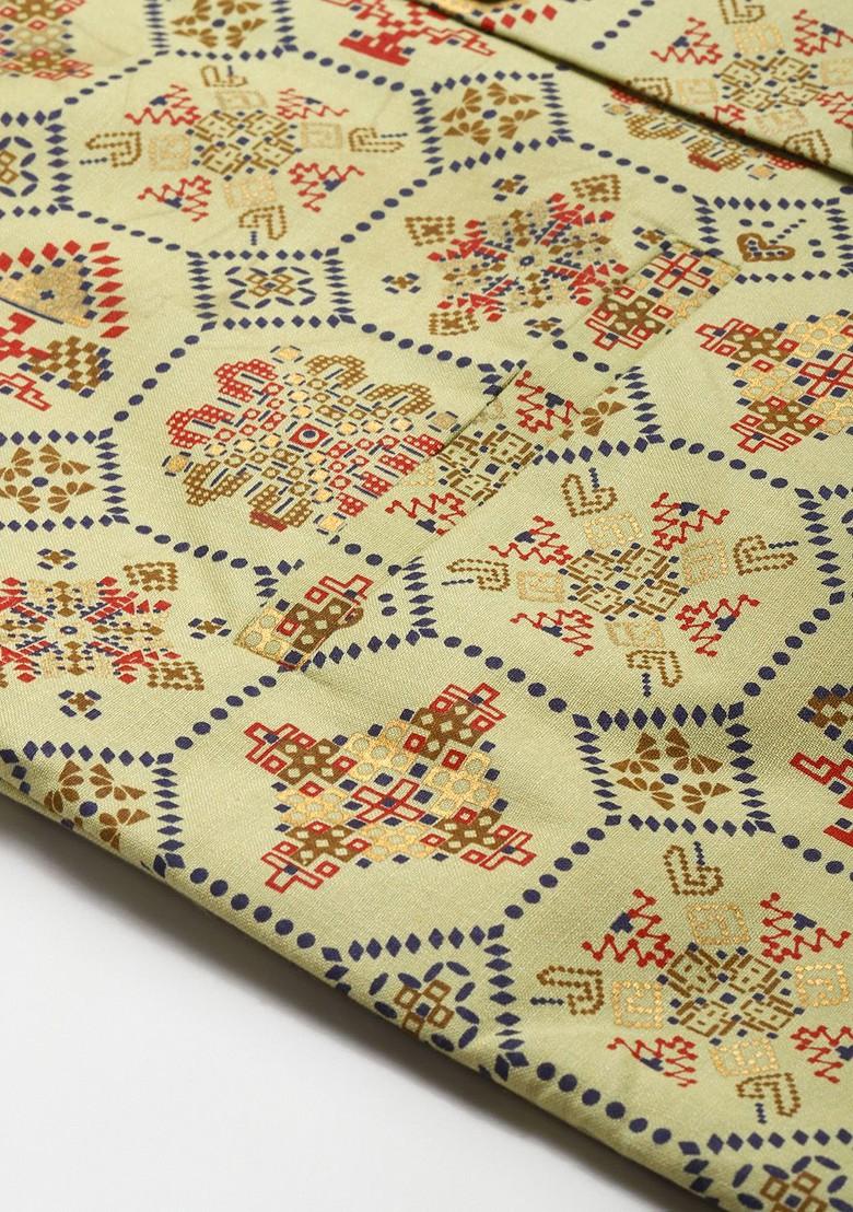 Olive Ethnic Motifs Poly Blend Nehru Jackets For Men