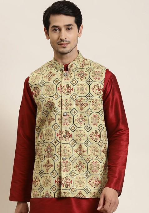 Olive Ethnic Motifs Poly Blend Nehru Jackets For Men