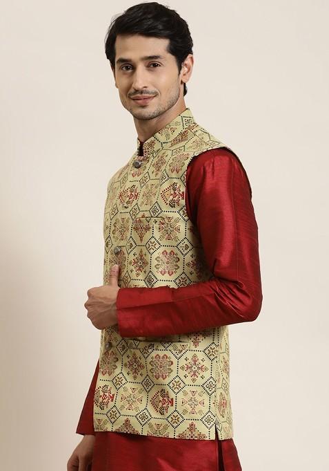 Olive Ethnic Motifs Poly Blend Nehru Jackets For Men