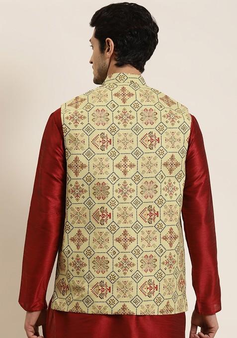 Olive Ethnic Motifs Poly Blend Nehru Jackets For Men