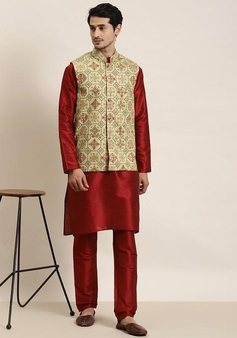 Olive Ethnic Motifs Poly Blend Nehru Jackets For Men
