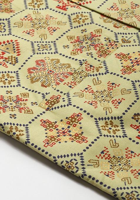 Olive Ethnic Motifs Poly Blend Nehru Jackets For Men