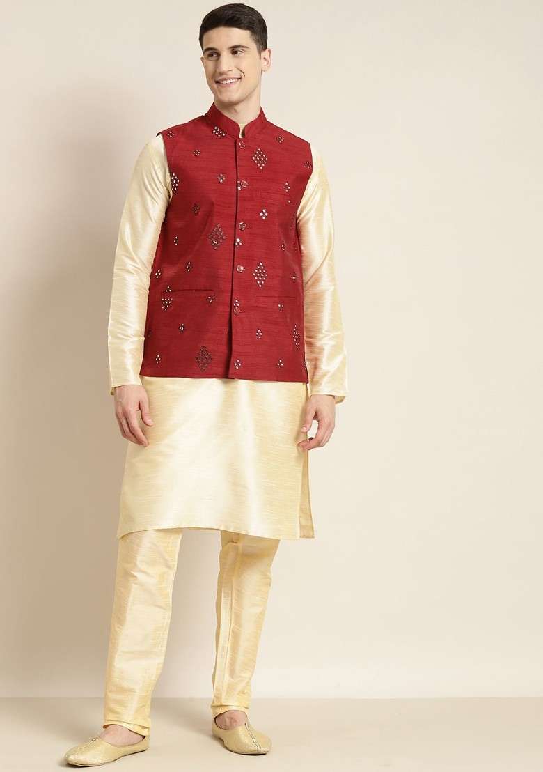 Maroon Mirror Work Poly Blend Nehru Jackets For Men - Indya
