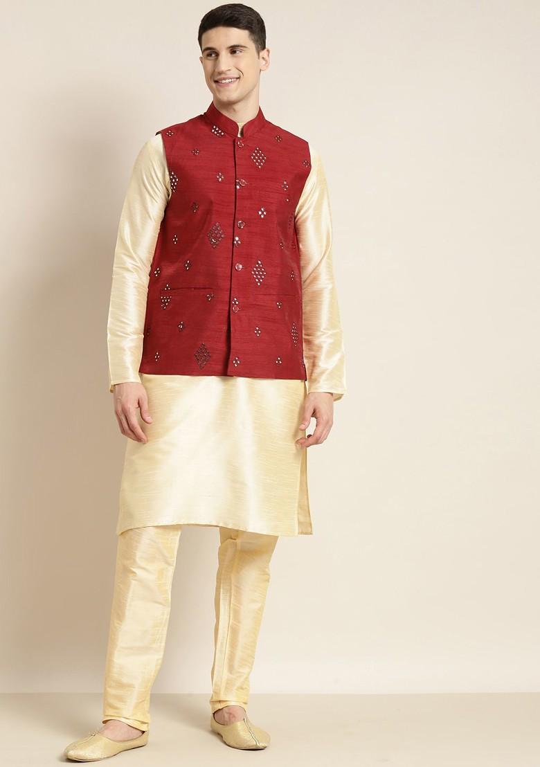 Maroon Mirror Work Poly Blend Nehru Jackets For Men