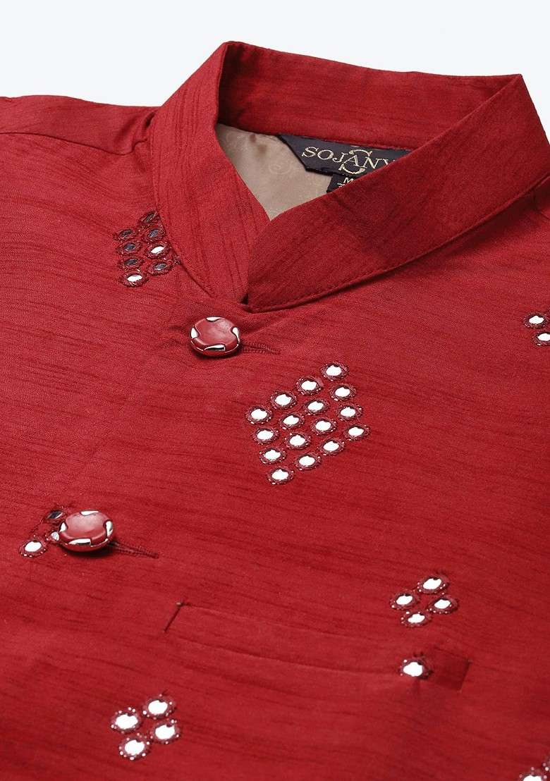 Maroon Mirror Work Poly Blend Nehru Jackets For Men - Indya