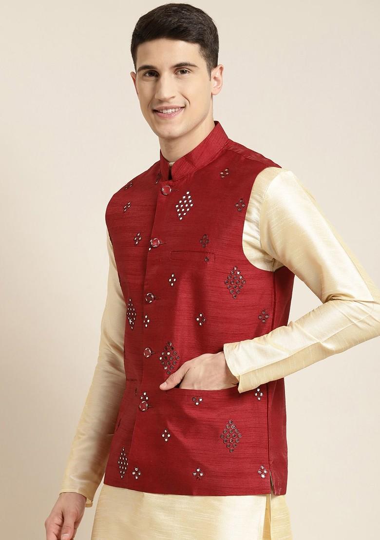 Maroon Mirror Work Poly Blend Nehru Jackets For Men