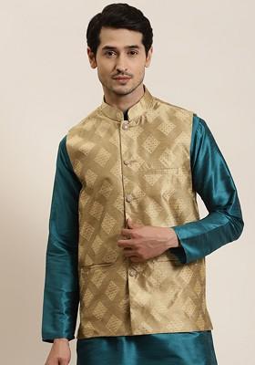 Gold Woven Poly Blend Nehru Jackets For Men