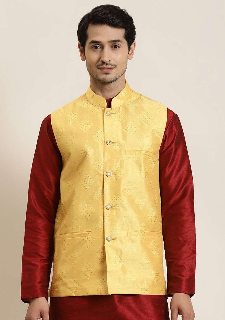 Yellow Woven Poly Blend Nehru Jackets For Men - Indya