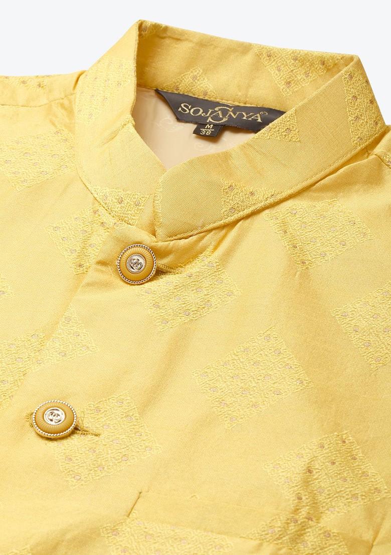 Yellow Woven Poly Blend Nehru Jackets For Men