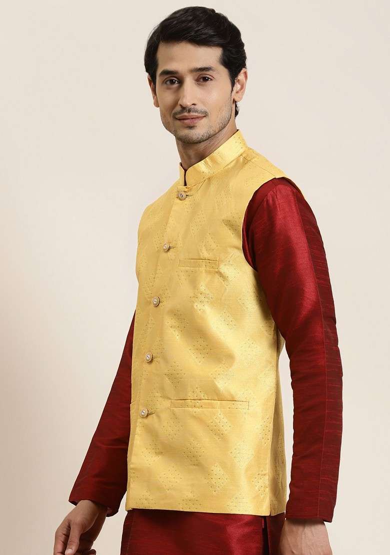 Yellow Woven Poly Blend Nehru Jackets For Men - Indya