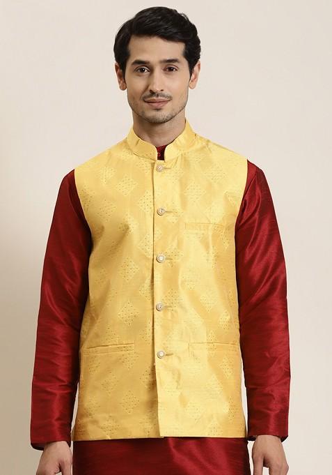 Yellow Woven Poly Blend Nehru Jackets For Men — view on Indya