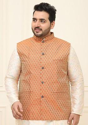 Orange Ethnic Motifs Poly Blend Nehru Jackets For Men