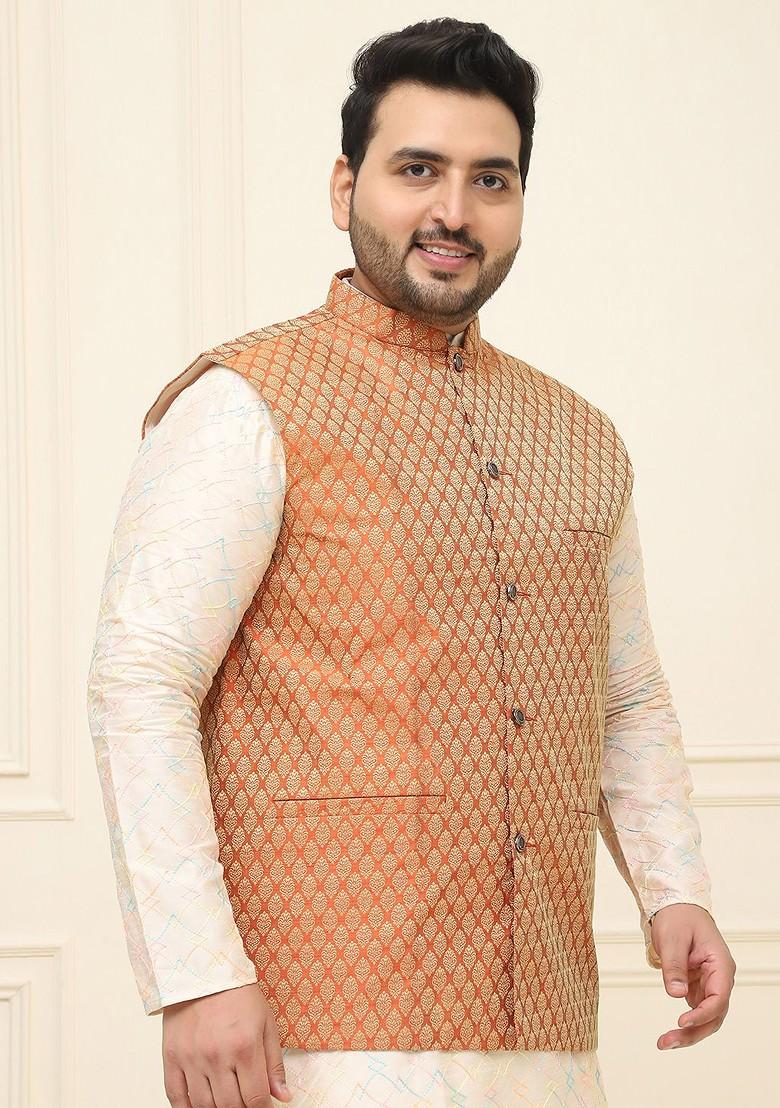 Orange Ethnic Motifs Poly Blend Nehru Jackets For Men