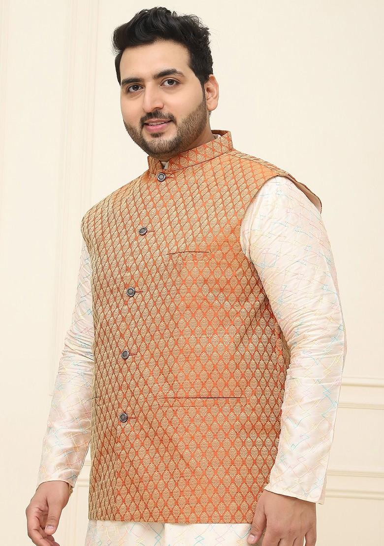 Orange Ethnic Motifs Poly Blend Nehru Jackets For Men