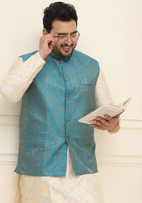 Teal Blue Solid Jacquard Nehru Jackets For Men