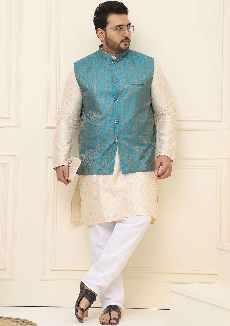 Teal Blue Solid Jacquard Nehru Jackets For Men - Indya