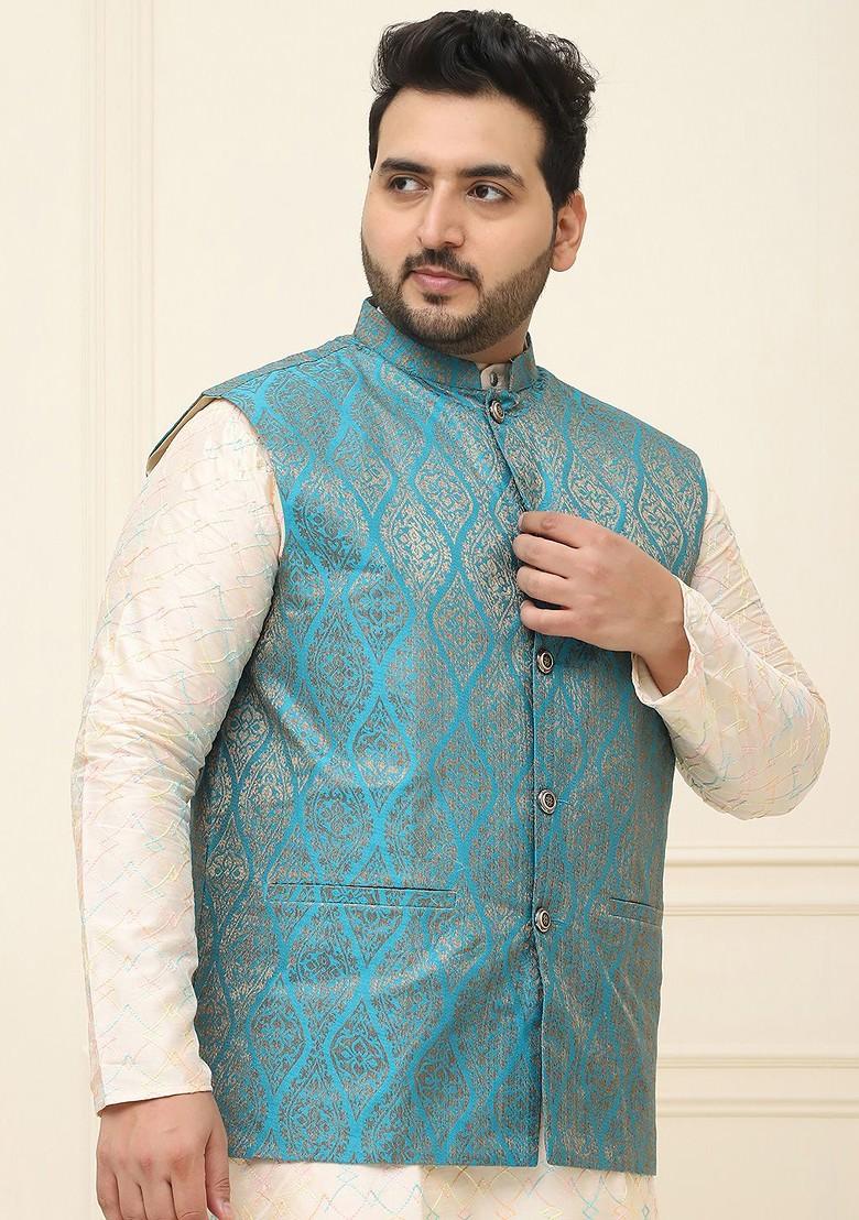 Teal Blue Solid Jacquard Nehru Jackets For Men