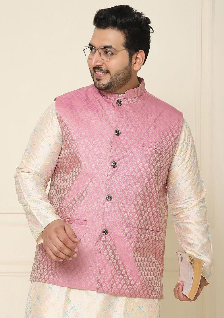Pink Woven Poly Blend Nehru Jackets For Men