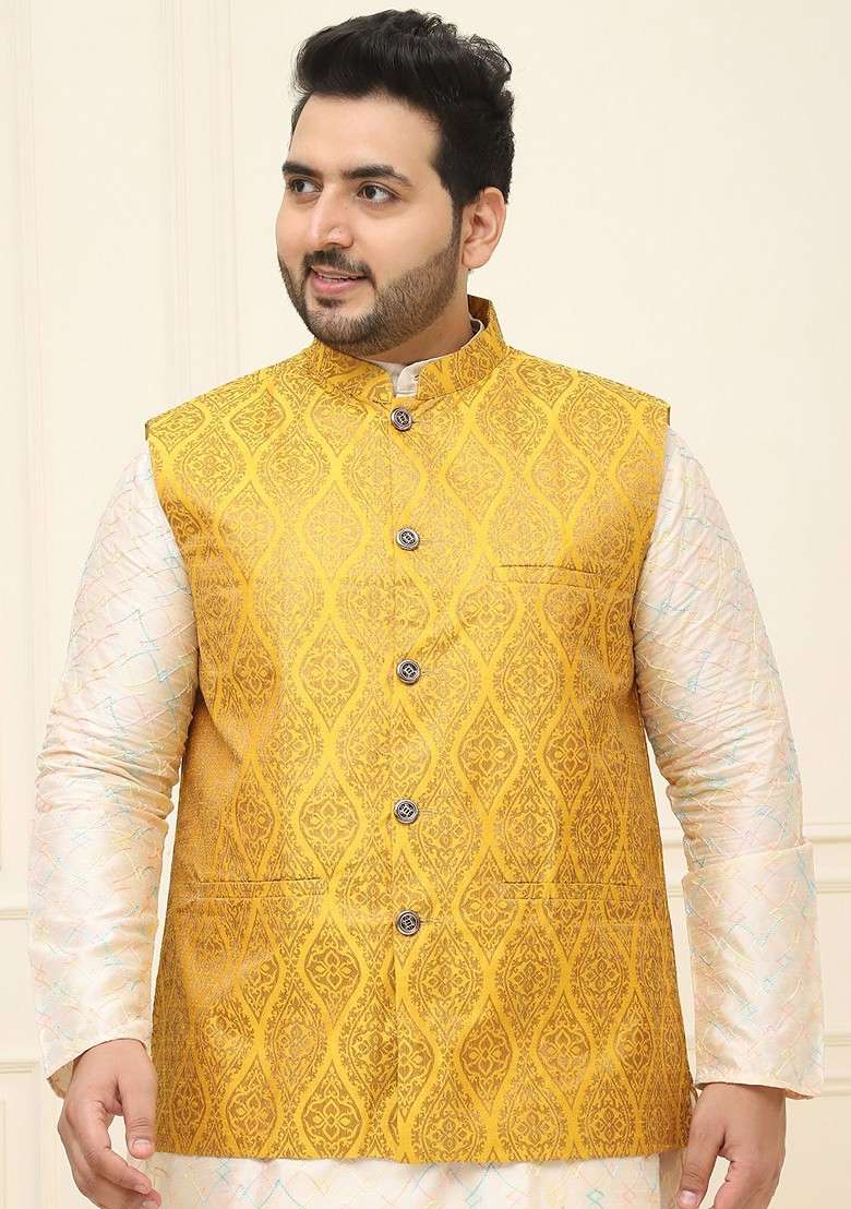 Mustard Woven Poly Blend Nehru Jackets For Men - Indya