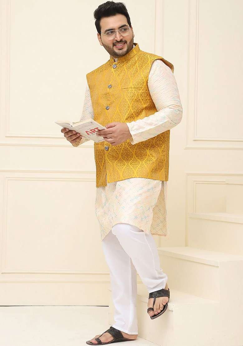 Mustard Woven Poly Blend Nehru Jackets For Men - Indya