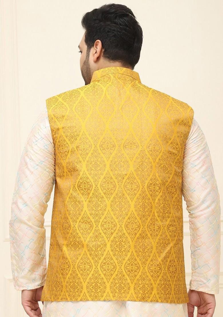Mustard Woven Poly Blend Nehru Jackets For Men