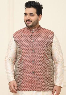 Maroon Woven Poly Blend Nehru Jackets For Men