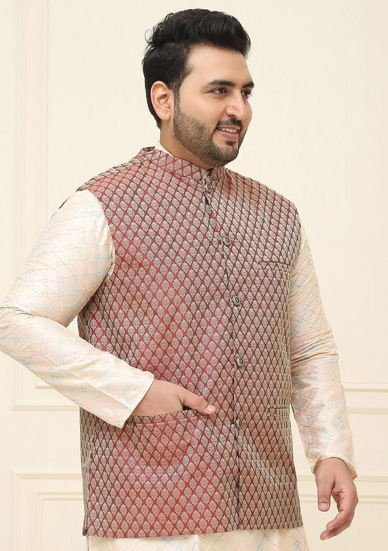 Maroon Woven Poly Blend Nehru Jackets For Men