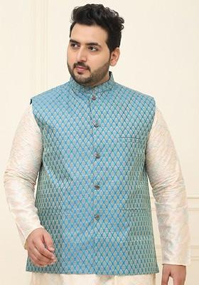 Blue Woven Poly Blend Nehru Jackets For Men