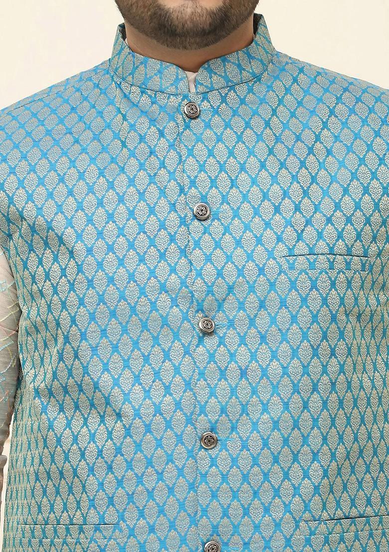 Blue Woven Poly Blend Nehru Jackets For Men