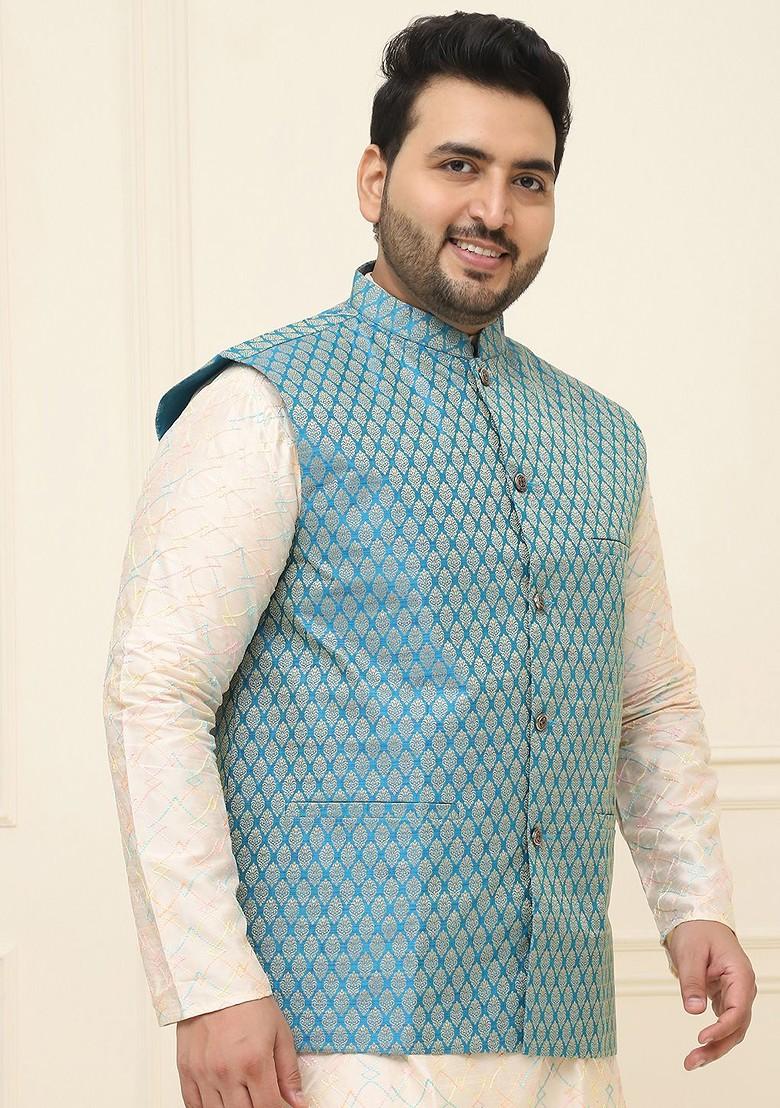 Blue Woven Poly Blend Nehru Jackets For Men