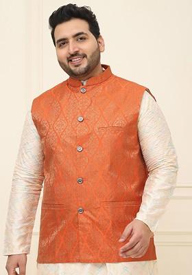 Orange Woven Poly Blend Nehru Jackets For Men