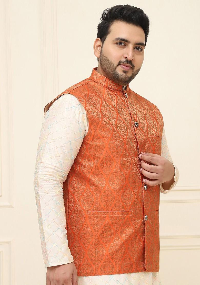 Orange Woven Poly Blend Nehru Jackets For Men