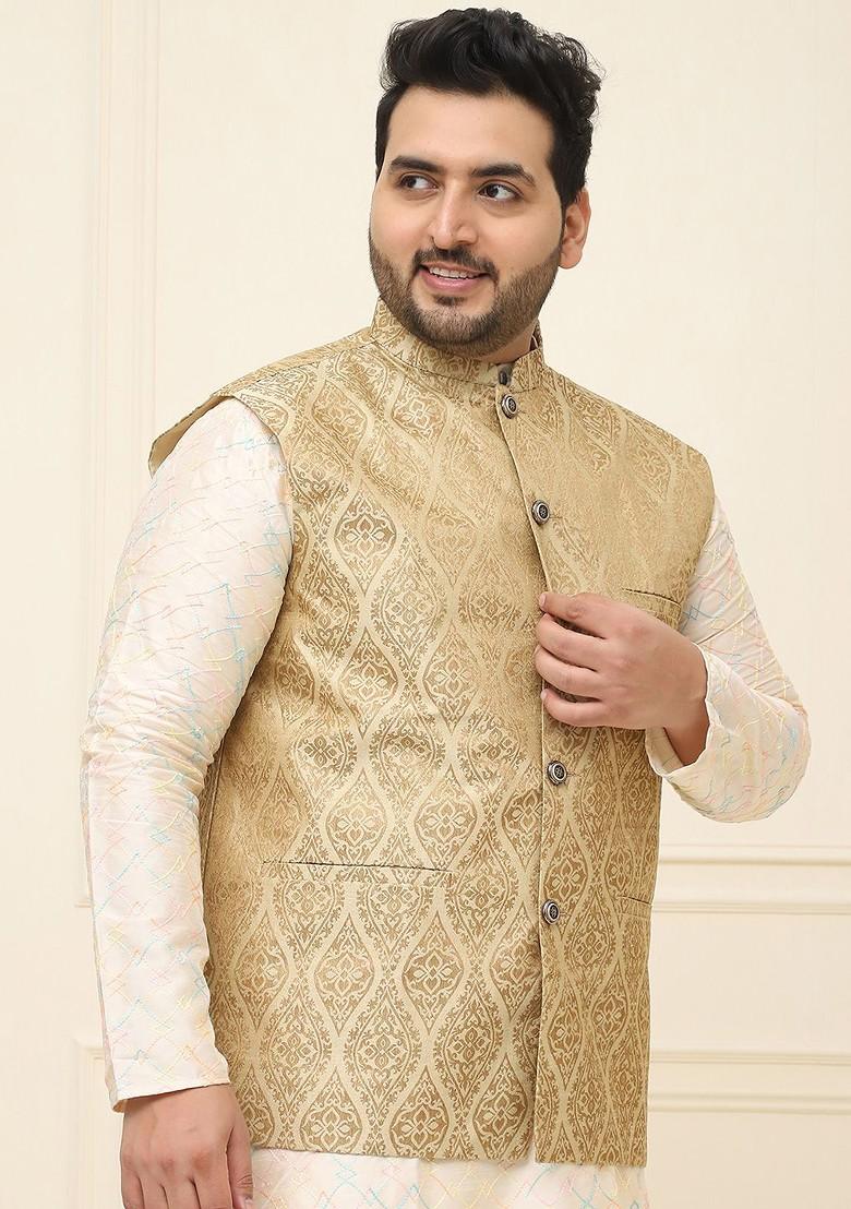 Beige Woven Poly Blend Nehru Jackets For Men