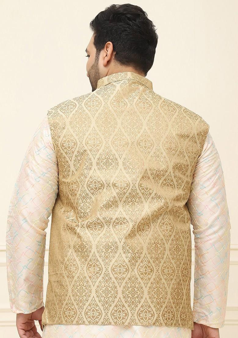 Beige Woven Poly Blend Nehru Jackets For Men