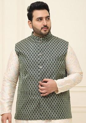 Green Woven Poly Blend Nehru Jackets For Men