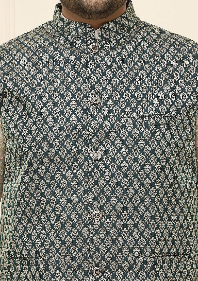 Green Woven Poly Blend Nehru Jackets For Men