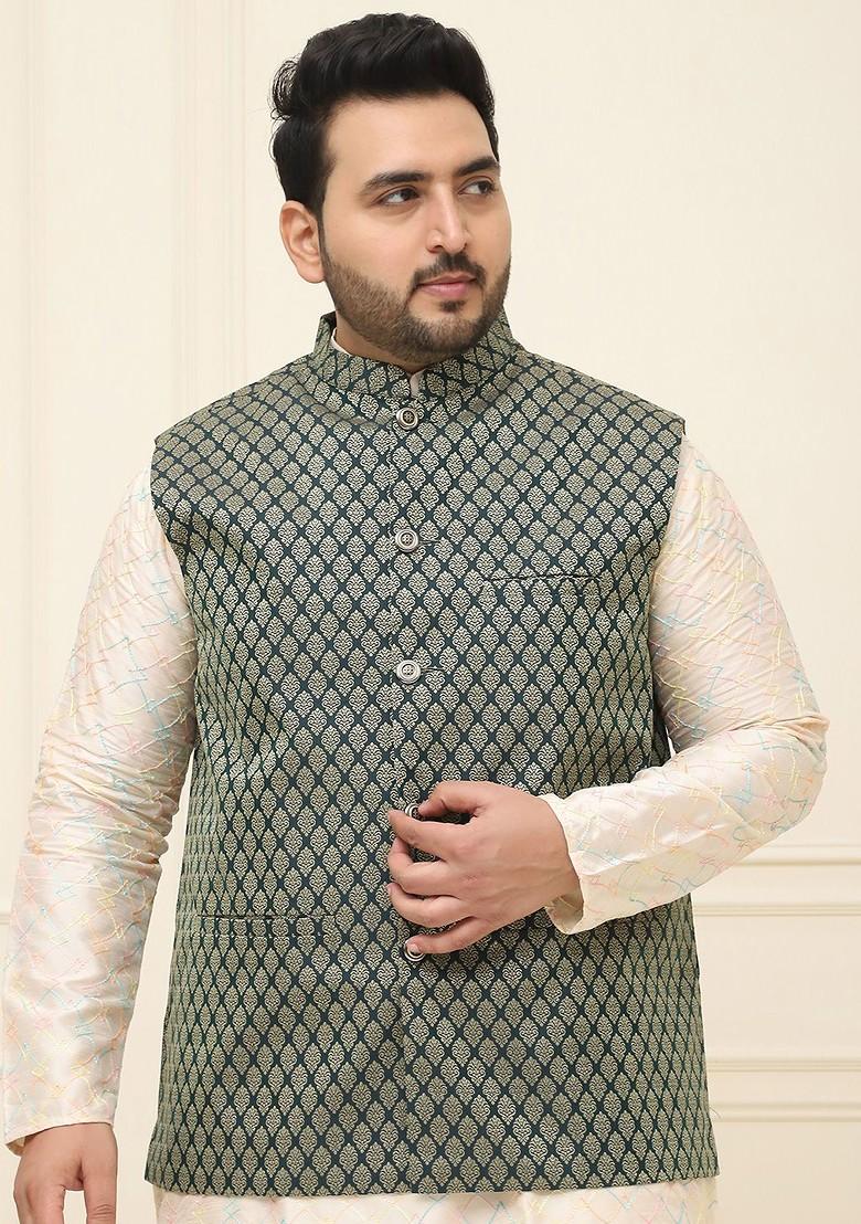 Green Woven Poly Blend Nehru Jackets For Men