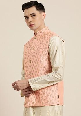 Pink Embroidered Poly Blend Nehru Jackets For Men