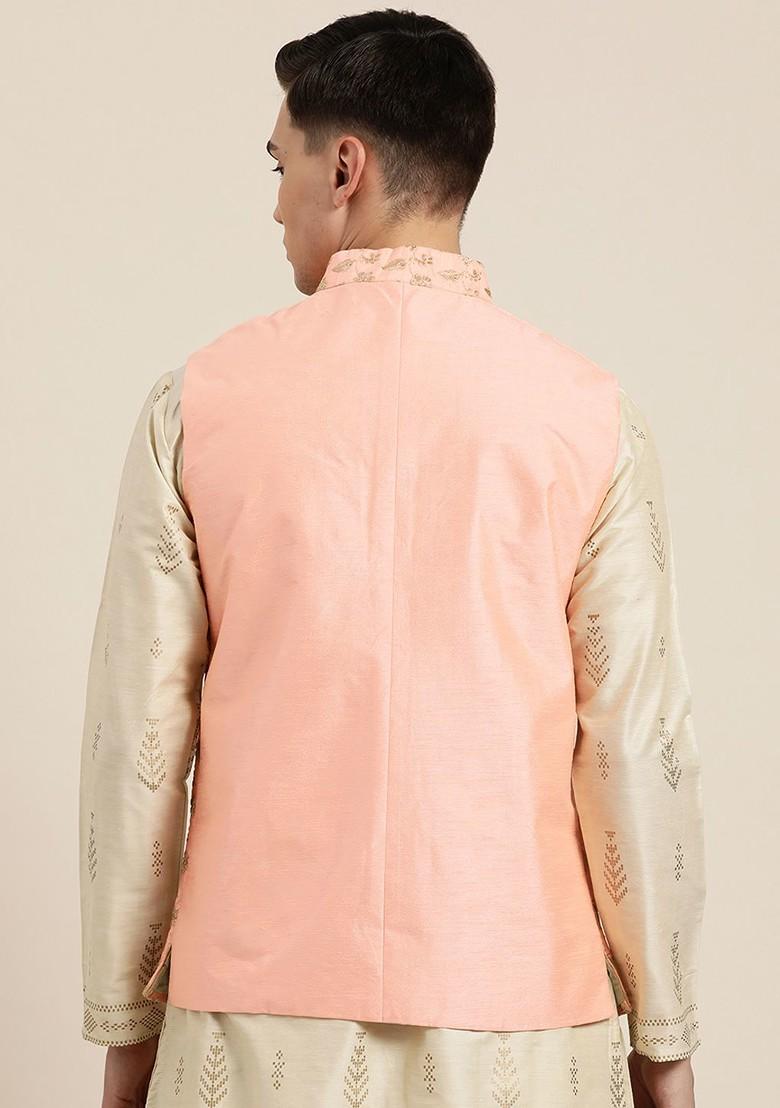 Pink Embroidered Poly Blend Nehru Jackets For Men