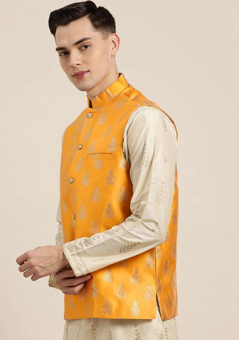 Mustard Solid Poly Blend Nehru Jackets For Men - Indya