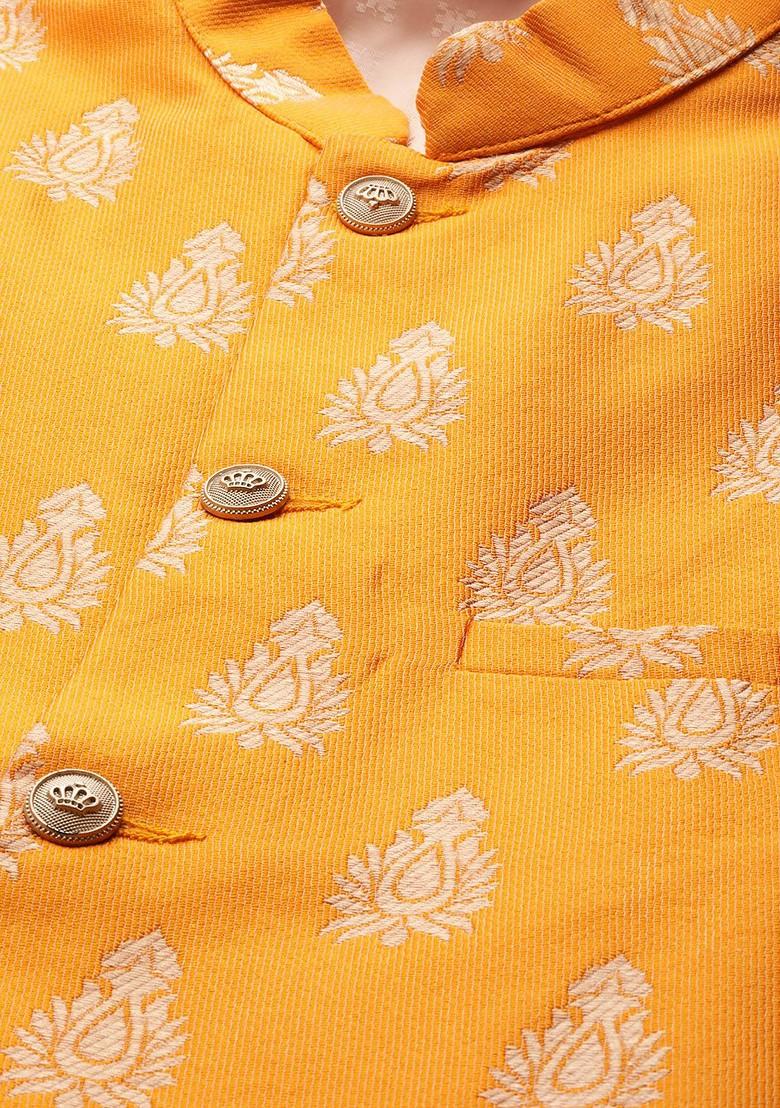 Mustard Solid Poly Blend Nehru Jackets For Men