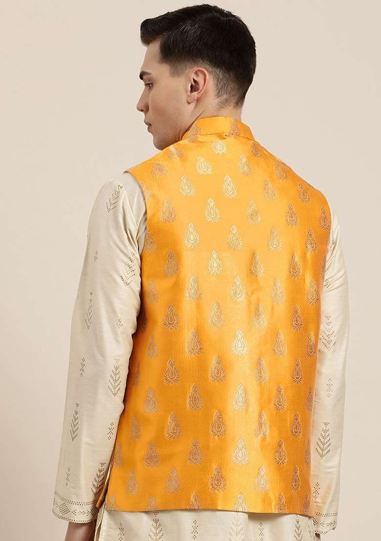Mustard Solid Poly Blend Nehru Jackets For Men - Indya
