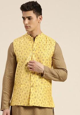Yellow Embroidered Poly Blend Nehru Jackets For Men