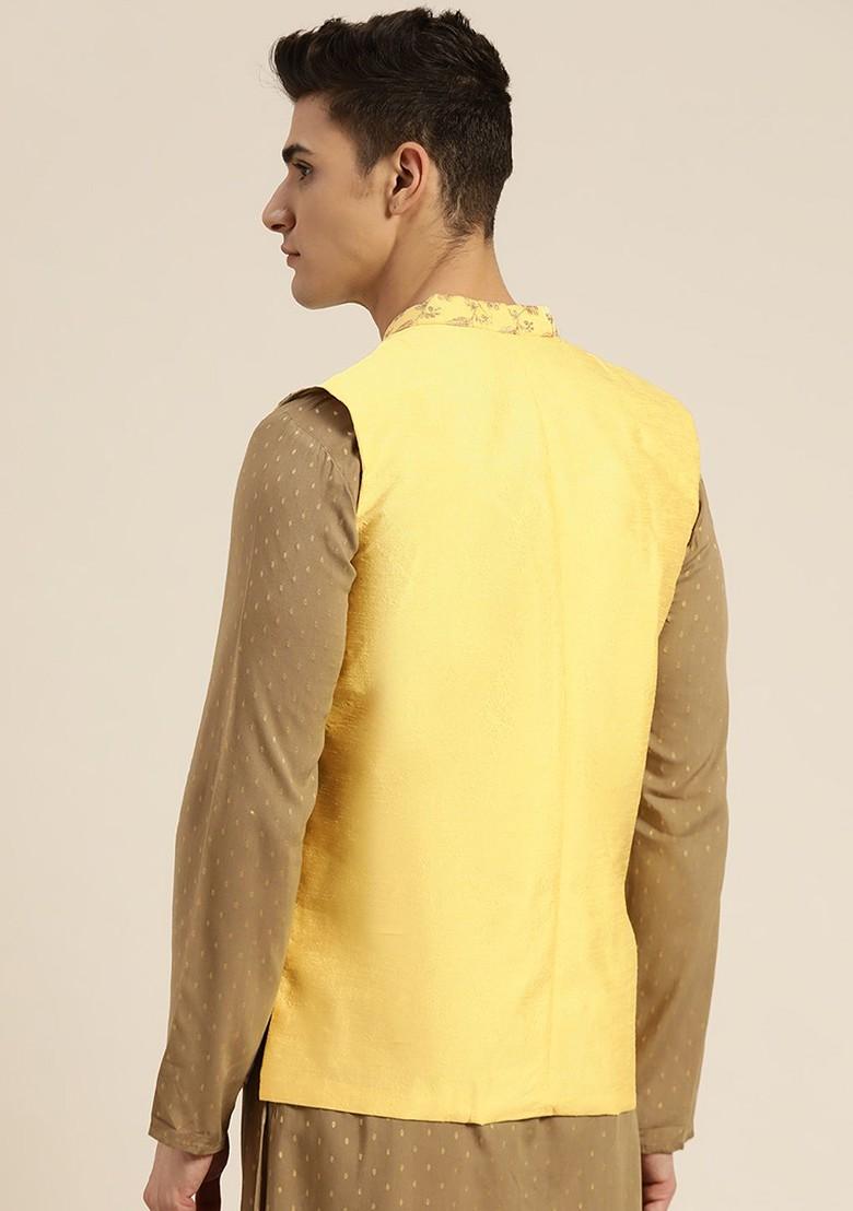 Yellow Embroidered Poly Blend Nehru Jackets For Men