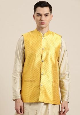 Yellow Solid Poly Blend Nehru Jackets For Men