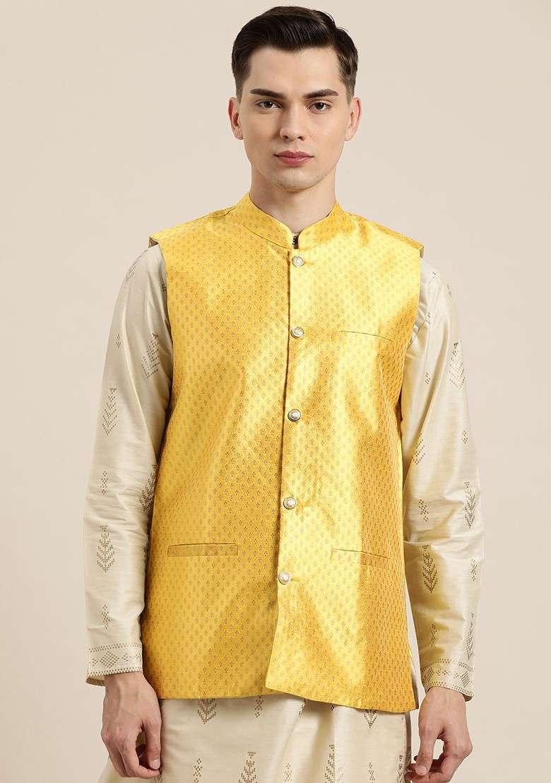 Yellow Solid Poly Blend Nehru Jackets For Men - Indya